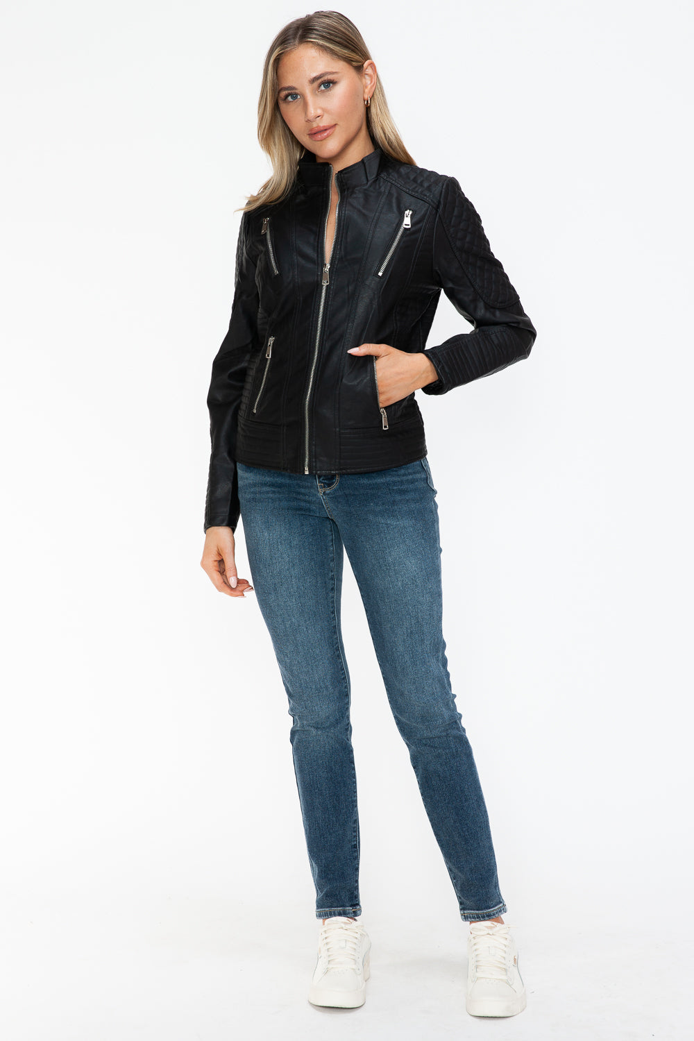 Snobbish Ready To Own The Night Faux Leather Zip Up Mock Neck Jacket in Black