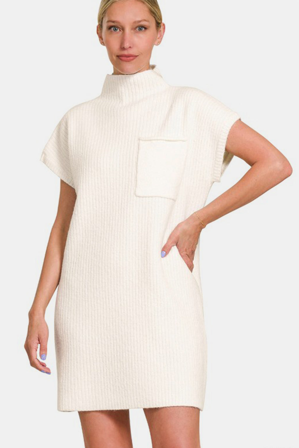 Zenana I'm Ready Short Sleeve Sweater Mini Dress in Ivory