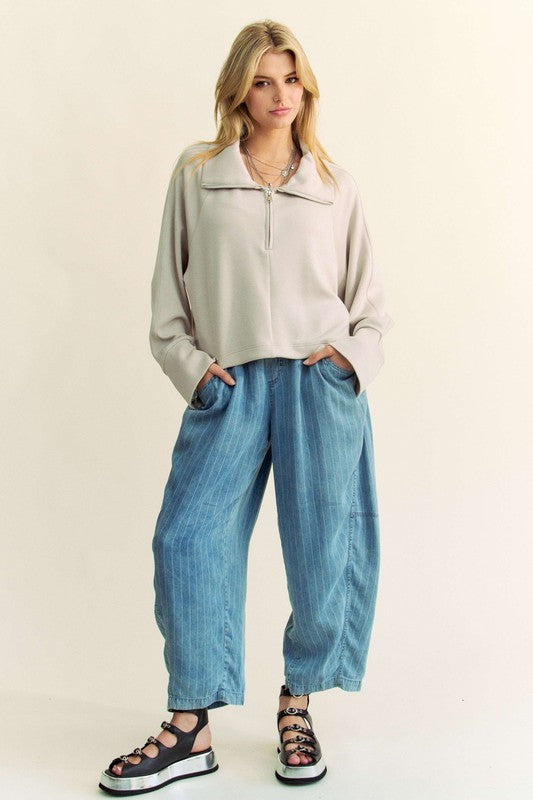 Davi & Dani Good Vibes Only Drawstring Hem Half Zip Raglan Sleeve Sweatshirt in Warm Grey