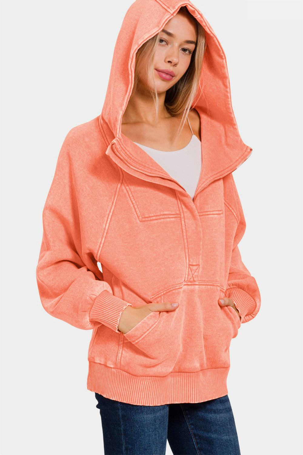 Zenana Easy Thinking Acid Wash Fleece Kangaroo Pocket Hoodie in Coral