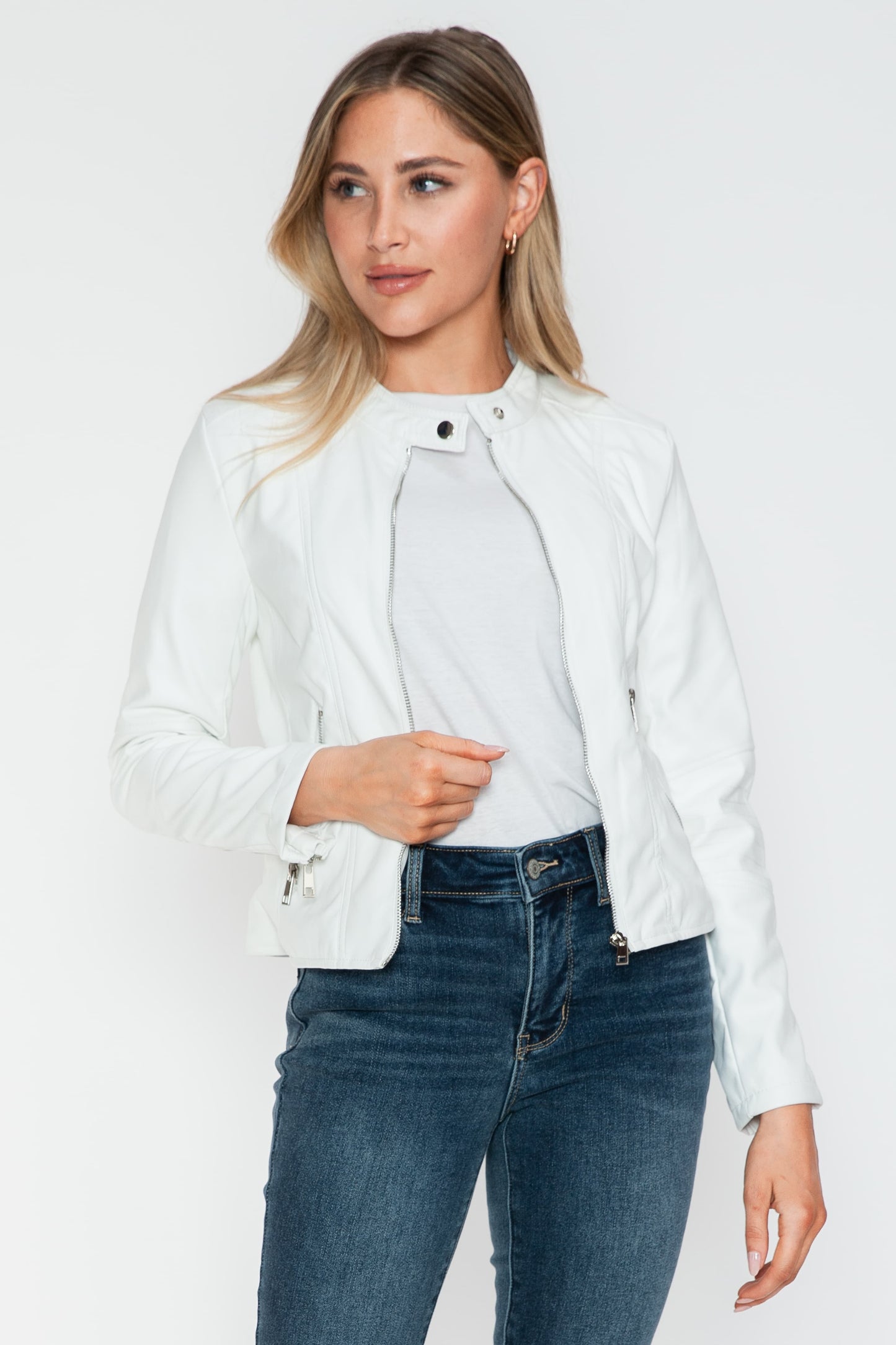 Snobbish Biker Babe PU Leather Zip Up Jacket with Pockets in White