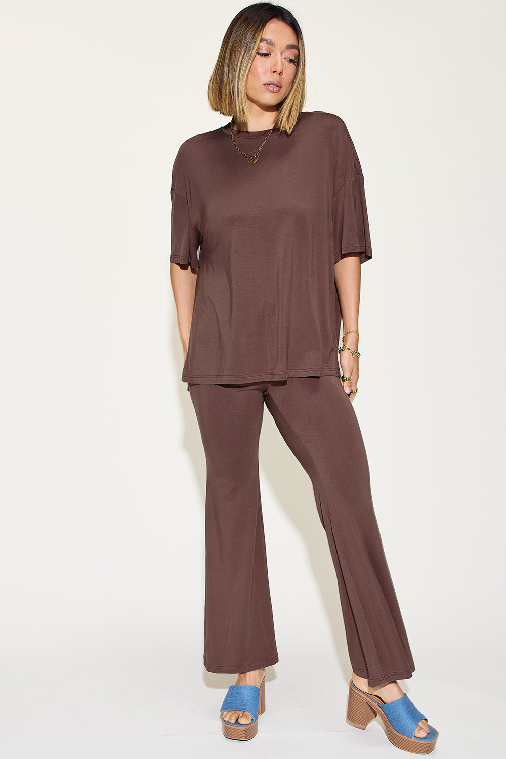 Basic Bae Reflect Bamboo Drop Shoulder T-Shirt and Flare Pants Set