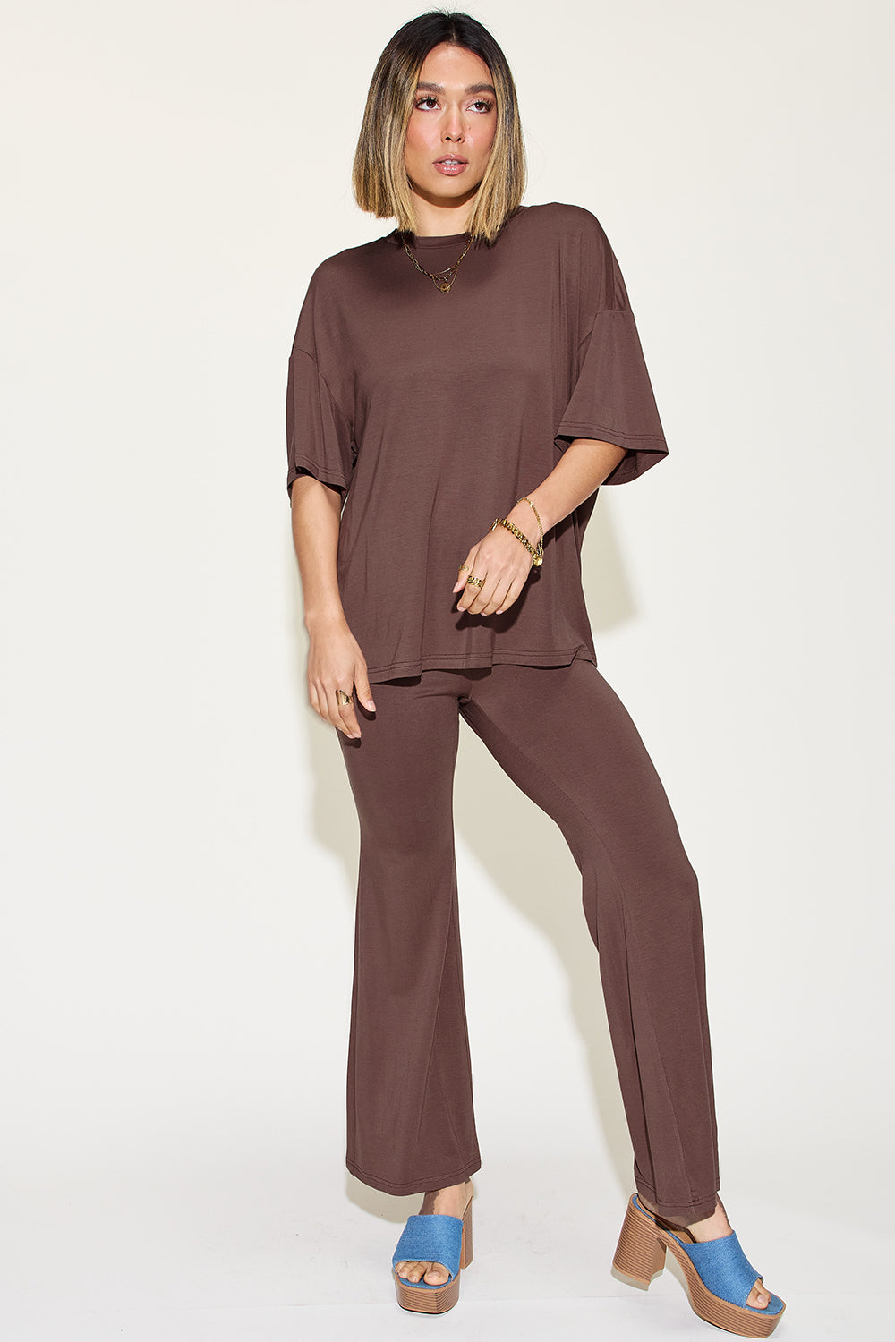 Basic Bae Reflect Bamboo Drop Shoulder T-Shirt and Flare Pants Set