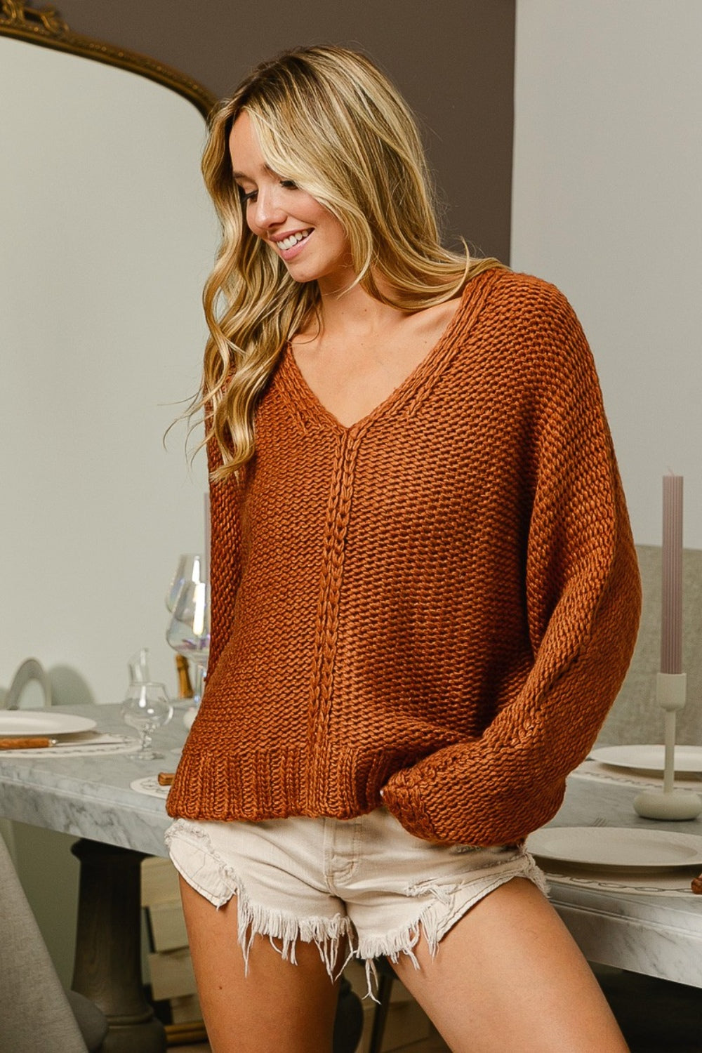 BiBi Cinnamon Cuddles V-Neck Cable Knit Sweater