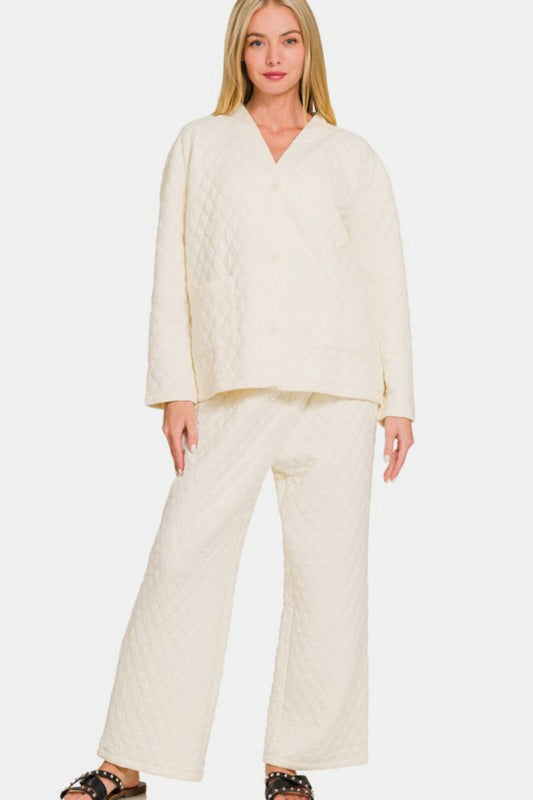 Zenana Quilted Comfort Button Up Long Sleeve Top and Pants Lounge Set in Cream