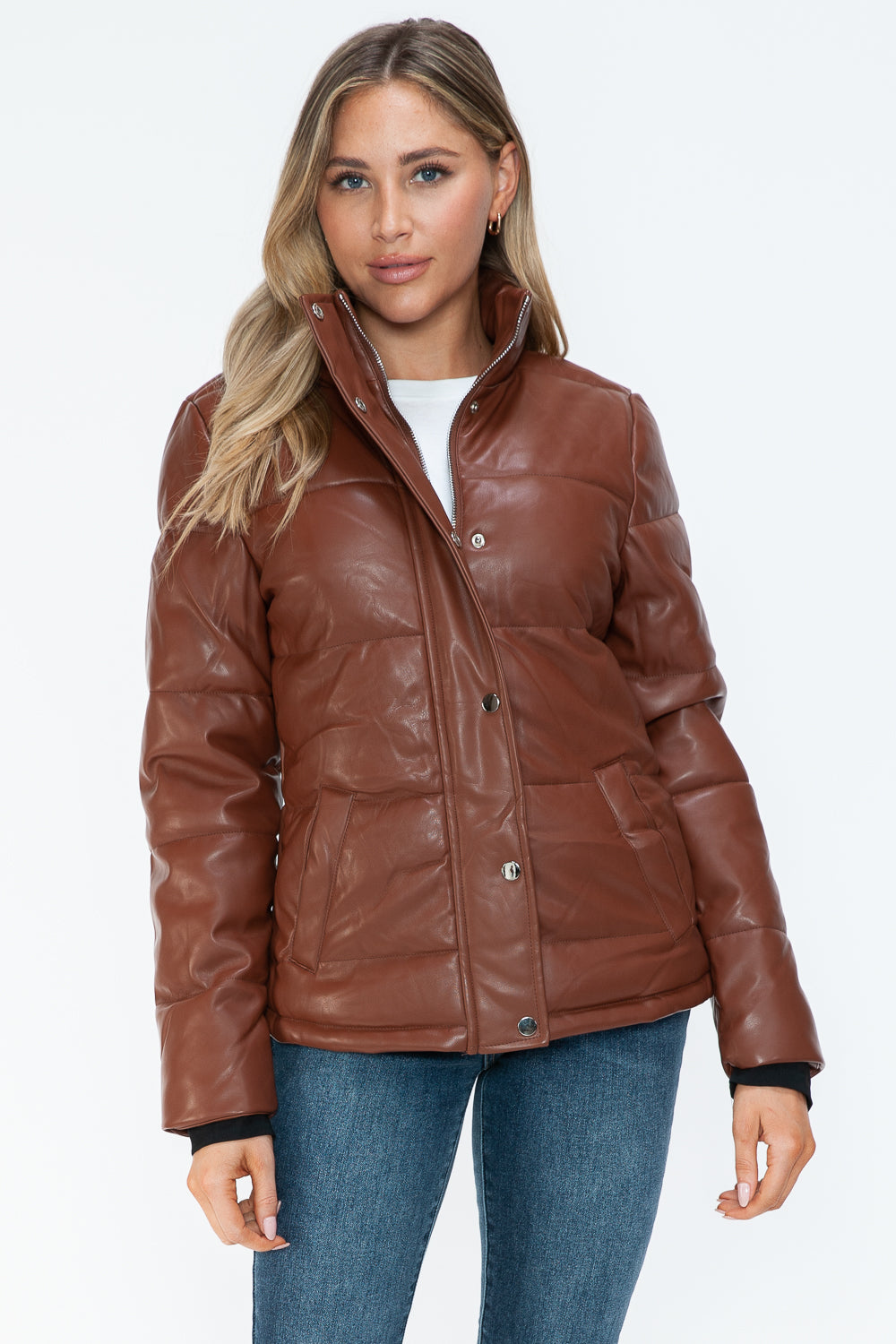 YMI Cozy Perfection Pocketed Zip Up Turtleneck Puffer Jacket in Brandy