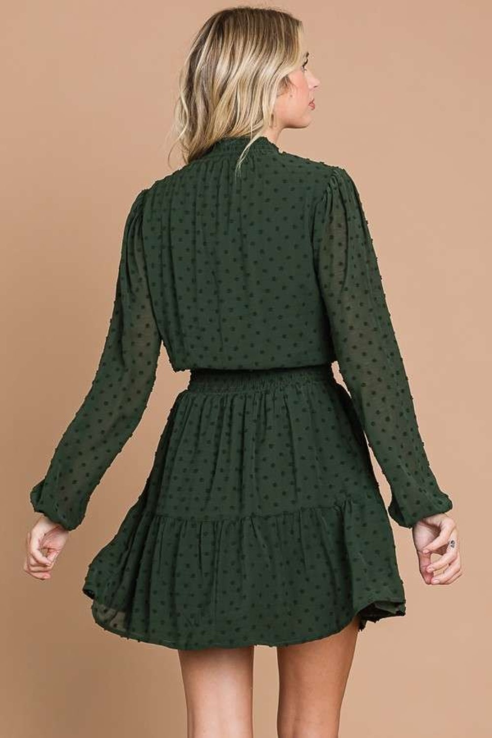 Culture Code Excuse My French Swiss Dot Smock Neck Mini Dress with Pockets in Olive