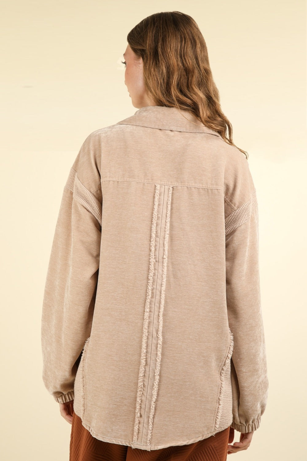 VERY J Raw Hem, Real Style Mixed Media Button Down Raw Hem Shacket in Taupe