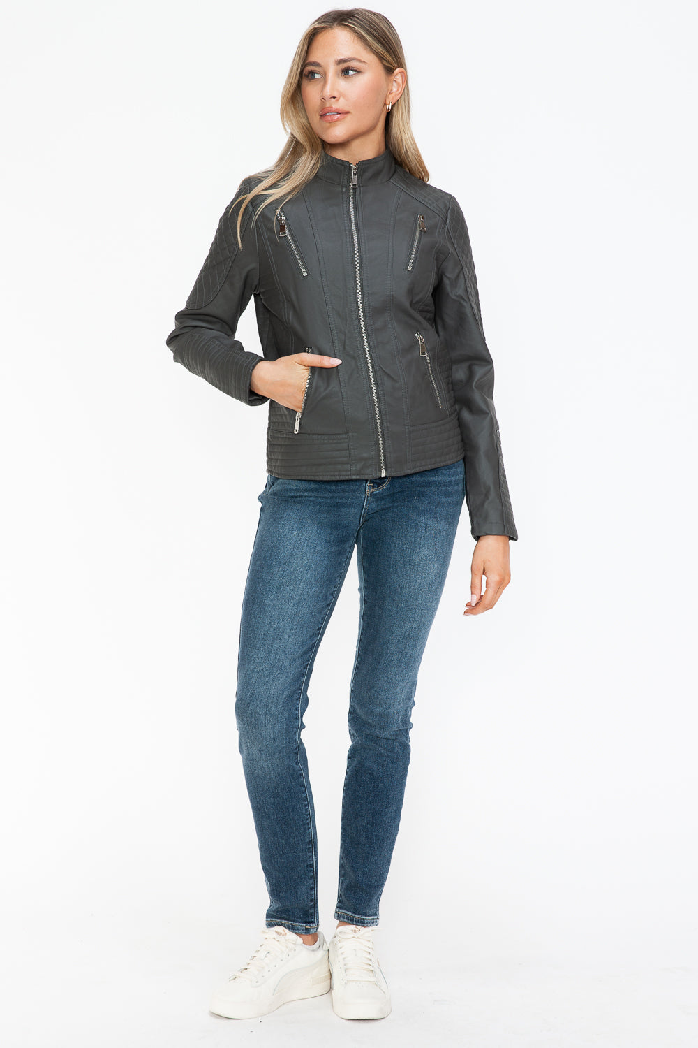 Snobbish Ready To Own The Night Faux Leather Zip Up Mock Neck Jacket in Charcoal