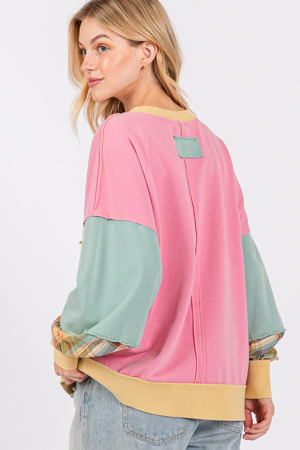 SAGE + FIG Pink Conviction Mineral Wash Raw Edge Color Block Sweatshirt