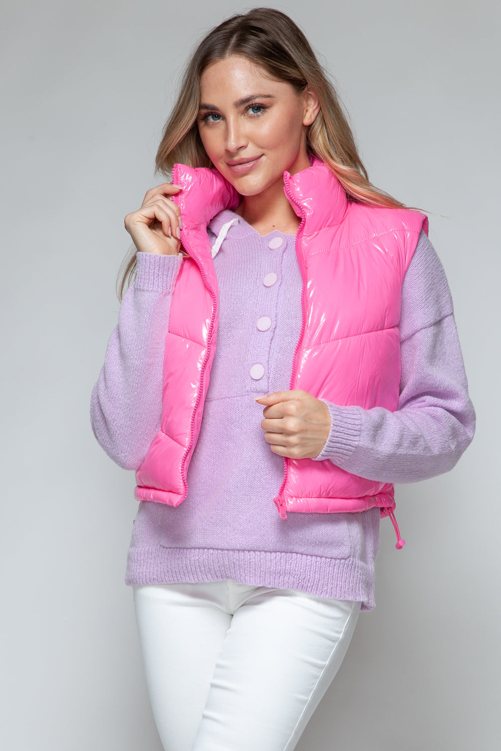 Snobbish A Quilted Touch Zip Up Turtleneck Shiny Quilted Vest in Hot Pink