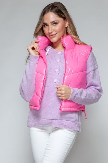 Snobbish A Quilted Touch Zip Up Turtleneck Shiny Quilted Vest in Hot Pink
