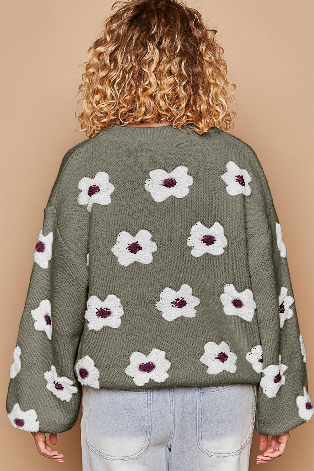 POL Petals Of Perfection Daisy Pattern Drop Shoulder Sweater in Olive