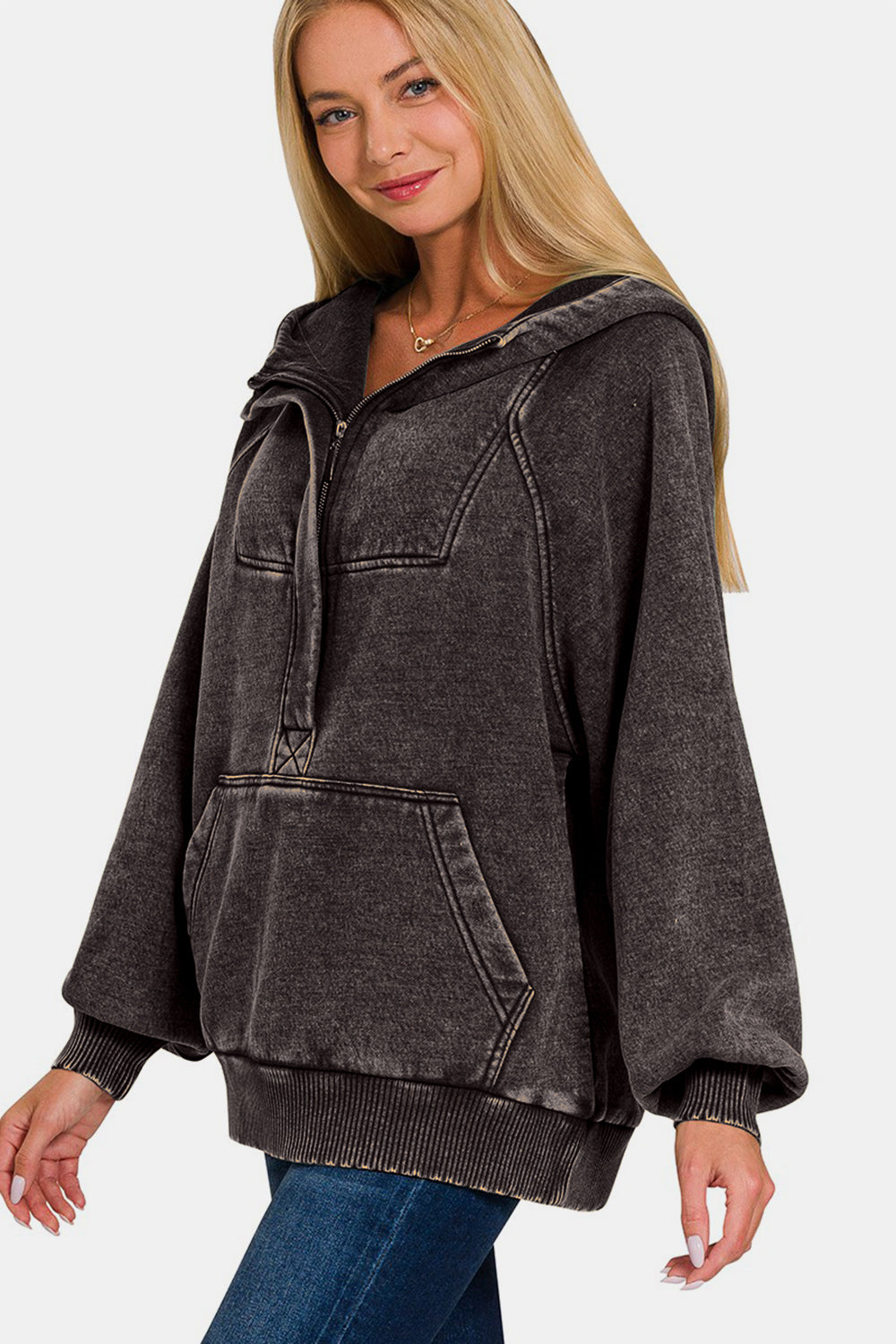 Zenana Easy Thinking Acid Wash Fleece Kangaroo Pocket Hoodie in Ash Black