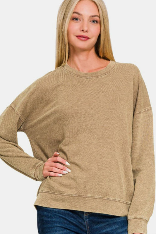 Zenana Laid Back Vibes Washed Dropped Shoulder Sweatshirt in Camel