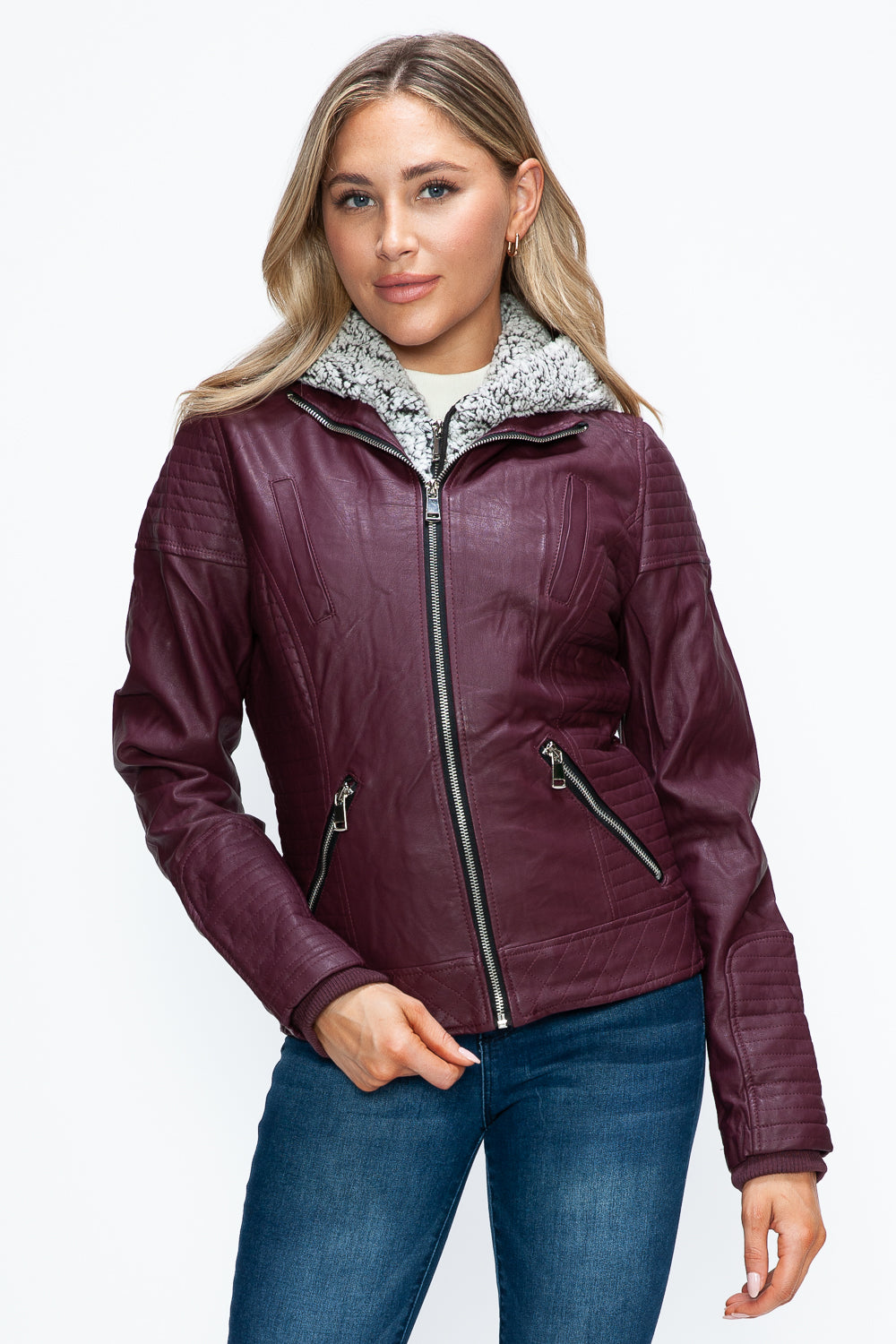 YMI Fuzzy Feels Faux Layered Double-Zipper Jacket with Fuzzy Hood in Wine