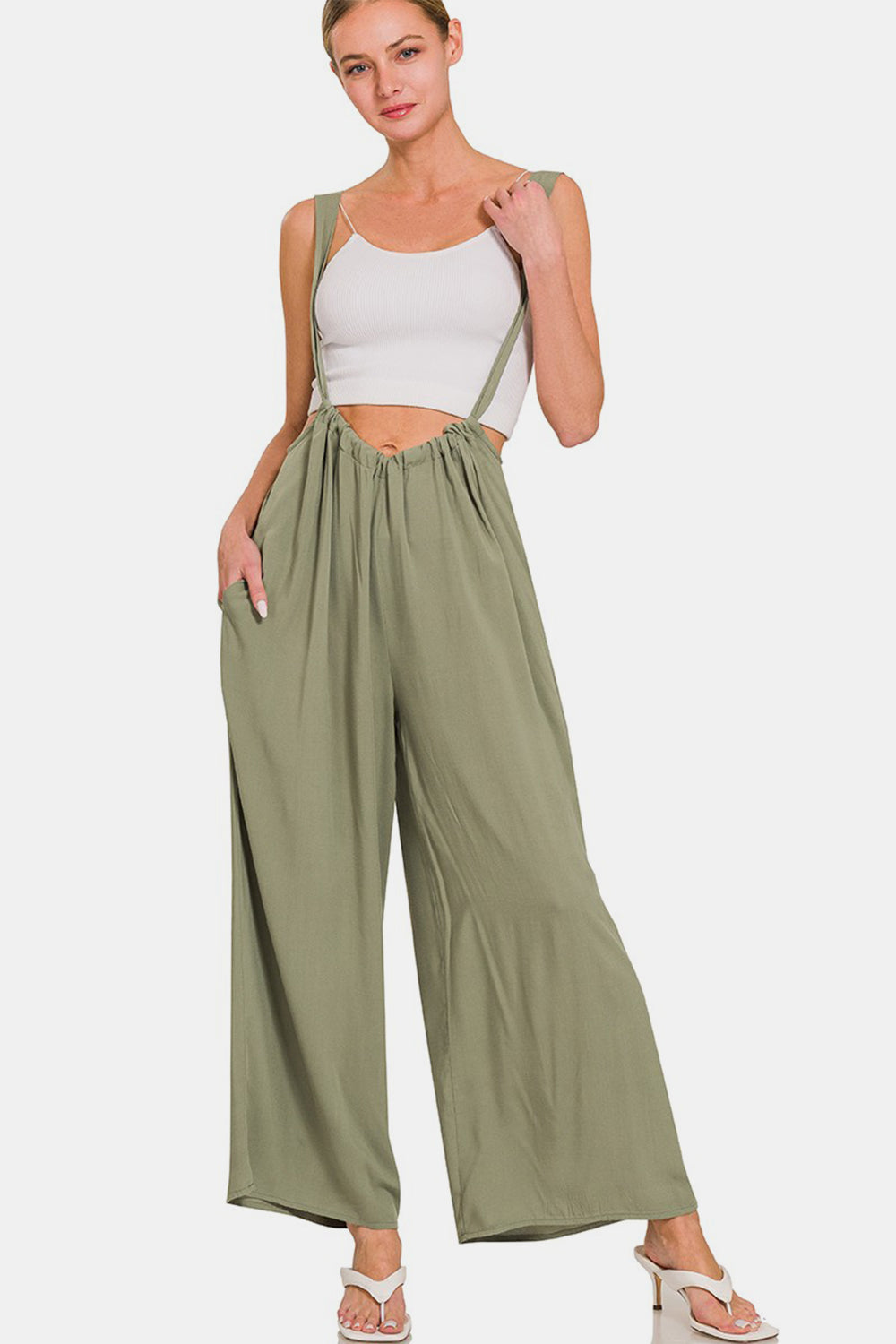 Zenana My Vibe Pocketed Wide Strap Wide Leg Overalls in Light Olive