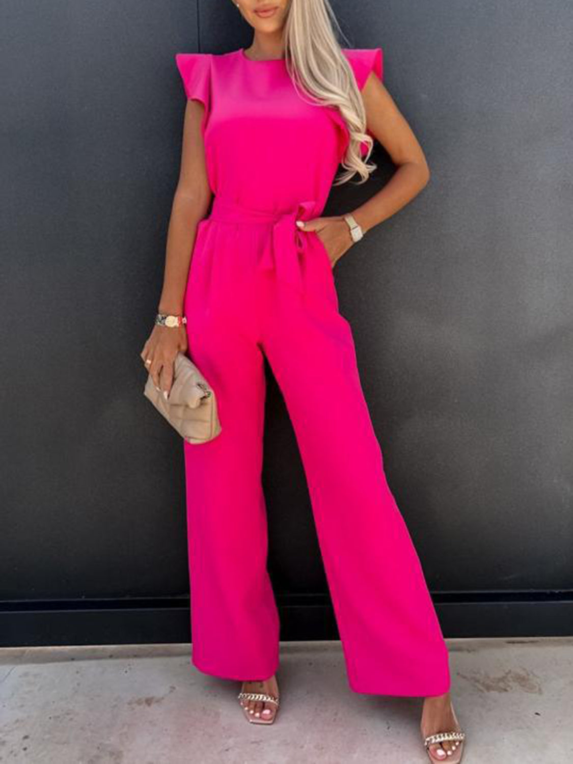 Captivating Muse Ruffled Round Neck Cap Sleeve Jumpsuit with Pockets