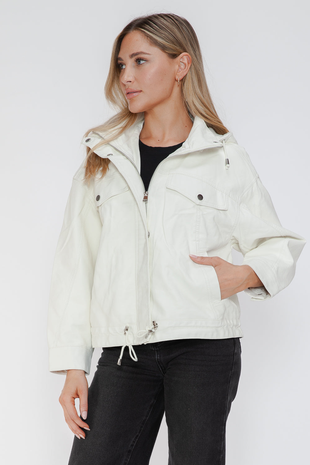 How Dare U My Favorite Layer Drawstring Hem PU Leather Zip Up Jacket in White