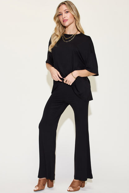 Basic Bae Reflect Bamboo Drop Shoulder T-Shirt and Flare Pants Set