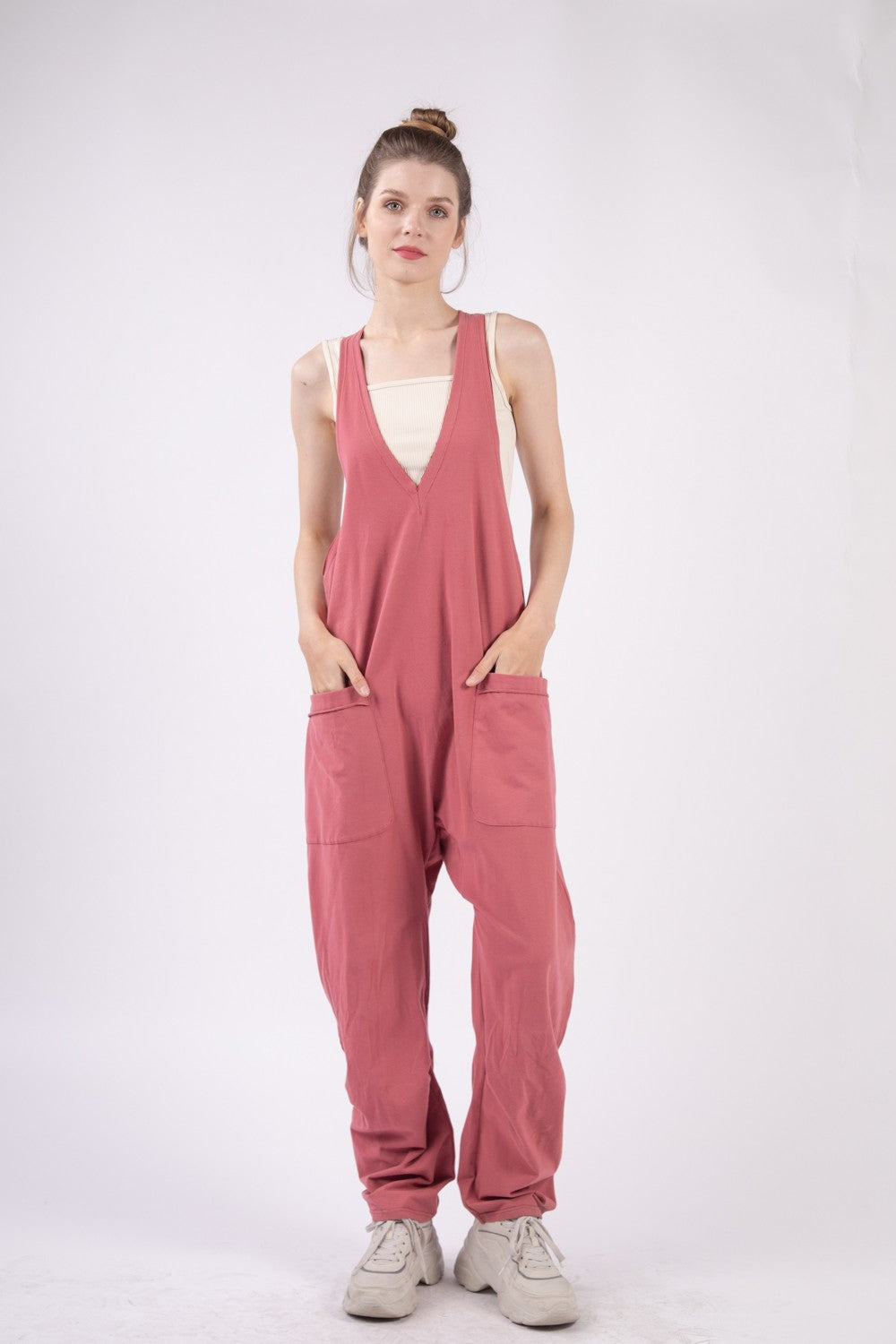VERY J Summer Days Plunge Sleeveless Jumpsuit with Pockets