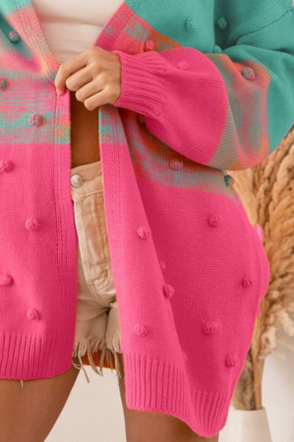 BiBi Playful Sunset Color Block Ponpon Sweater Cardigan