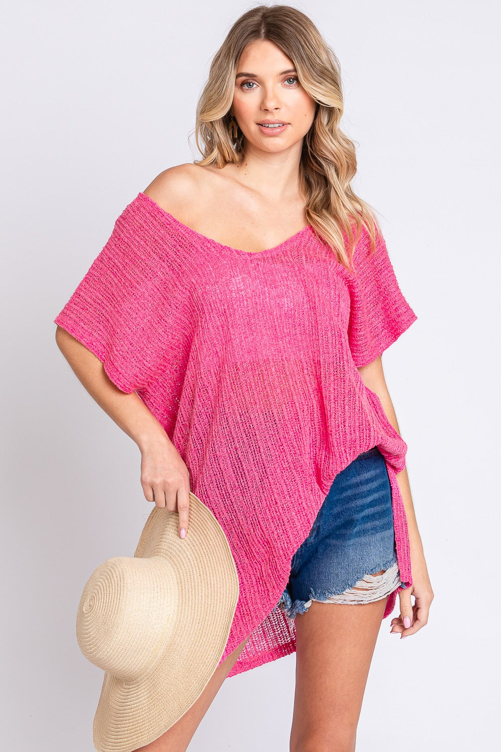 GeeGee Give Me My Hot Pink Short Sleeve Side Slit Knit Cover Up Dress