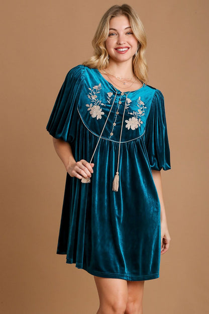 Umgee Stealing The Spotlight Embroidered Half Sleeve Velvet Mini Dress with Tassel in Deep Teal