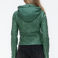 Snobbish Embrace The Day Faux Leather Zip Up Drawstring Hooded Jacket in Sage