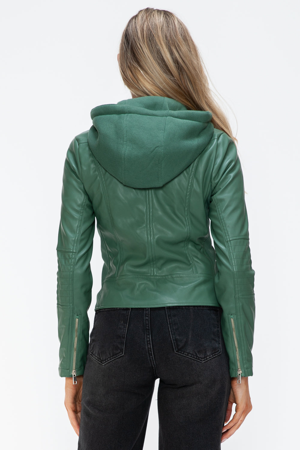 Snobbish Embrace The Day Faux Leather Zip Up Drawstring Hooded Jacket in Sage