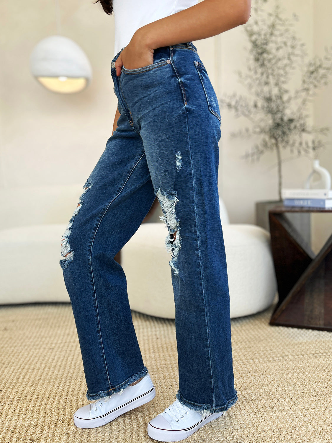 Judy Blue Joanna Mid Rise Distressed Raw Hem Jeans