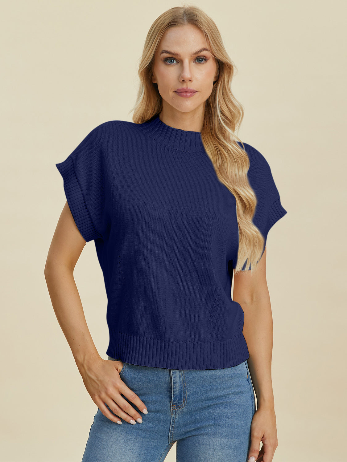 Double Take Lovely Day Mock Neck Short Sleeve Sweater