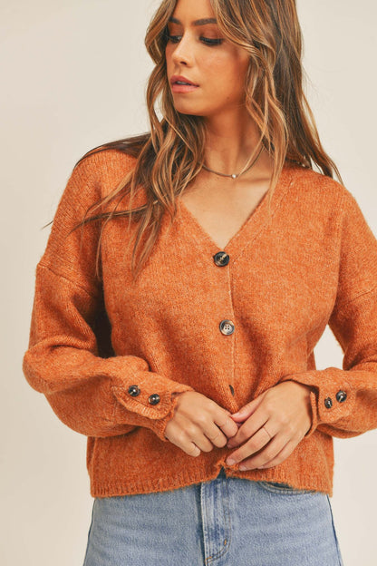 MABLE Buttoned Up Long Sleeve Button Down Sweater Cardigan in Rust