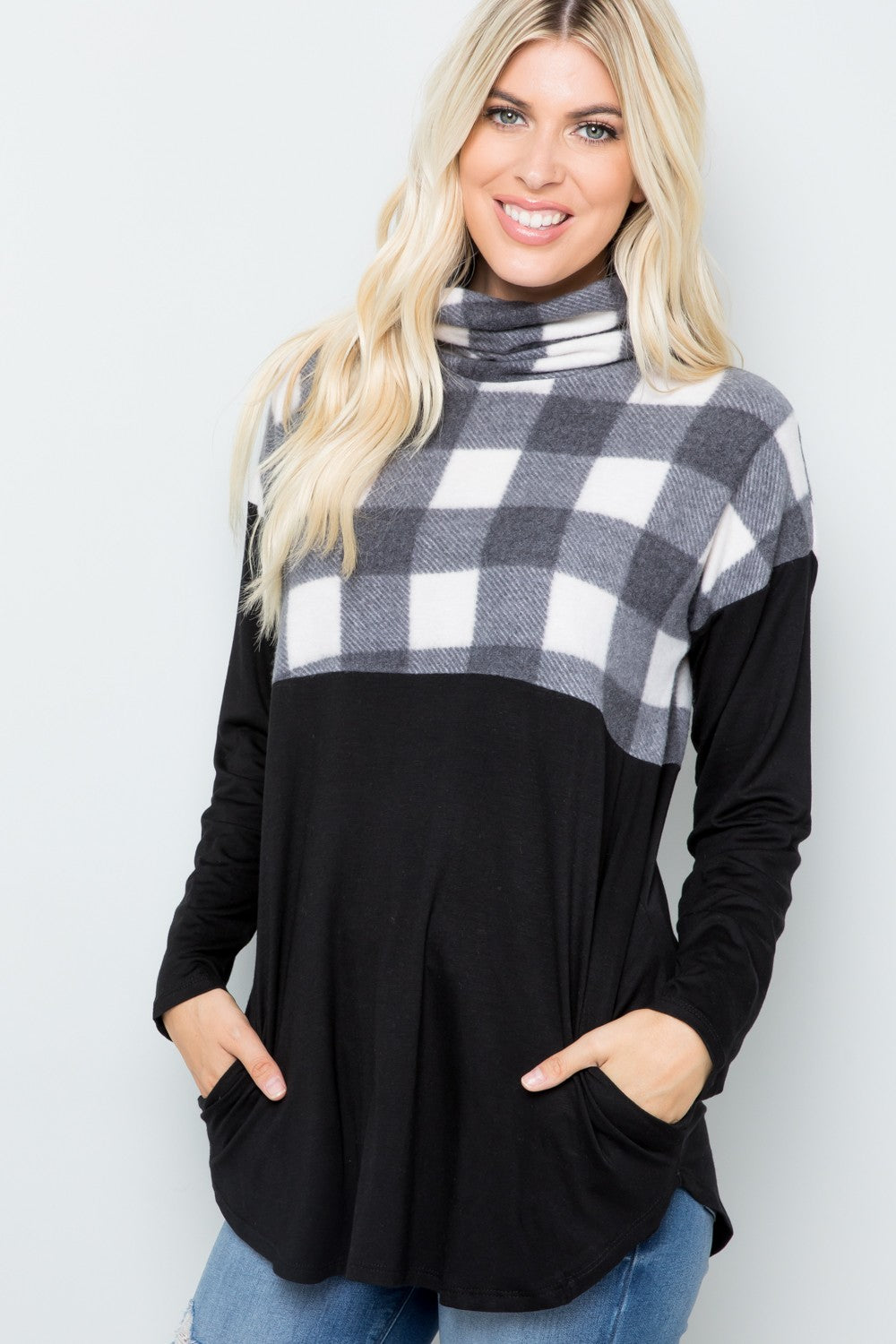 Celeste Plaid Days Pocketed Turtleneck Long Sleeve Blouse