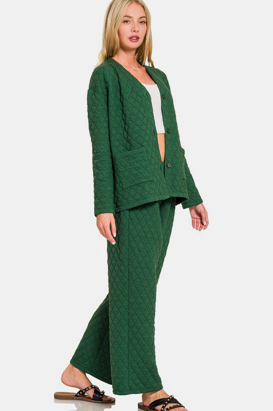 Zenana Quilted Comfort Button Up Long Sleeve Top and Pants Lounge Set in Dark Green