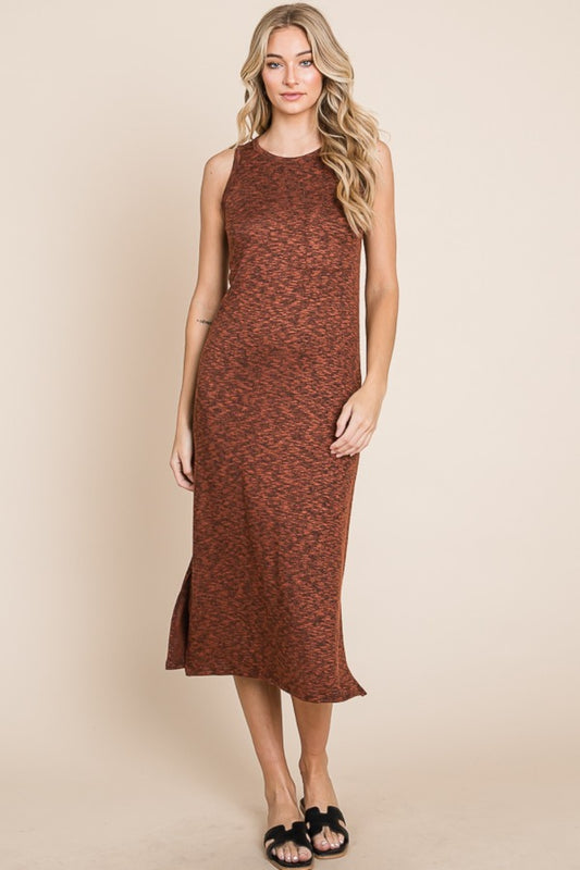 BOMBOM For The Night Slit Sleeveless Midi Dress in Rust