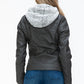 YMI Fuzzy Feels Faux Layered Double-Zipper Jacket with Fuzzy Hood in Charcoal