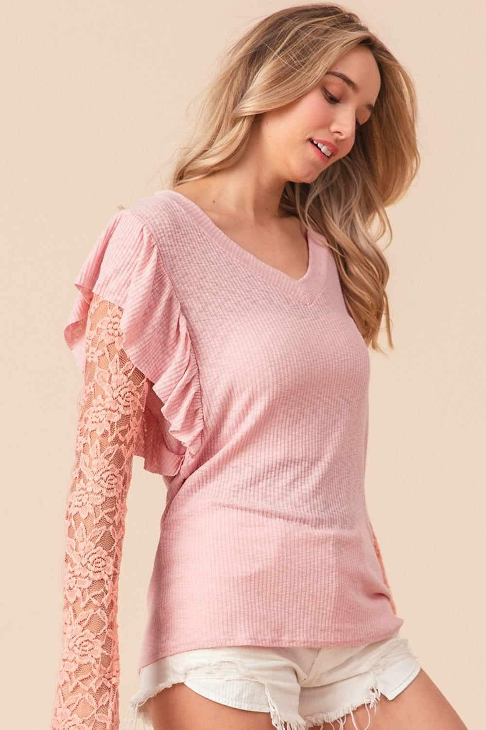 BiBi Dainty & Sweet Ruffled Lace Sleeve Rib Knit Top