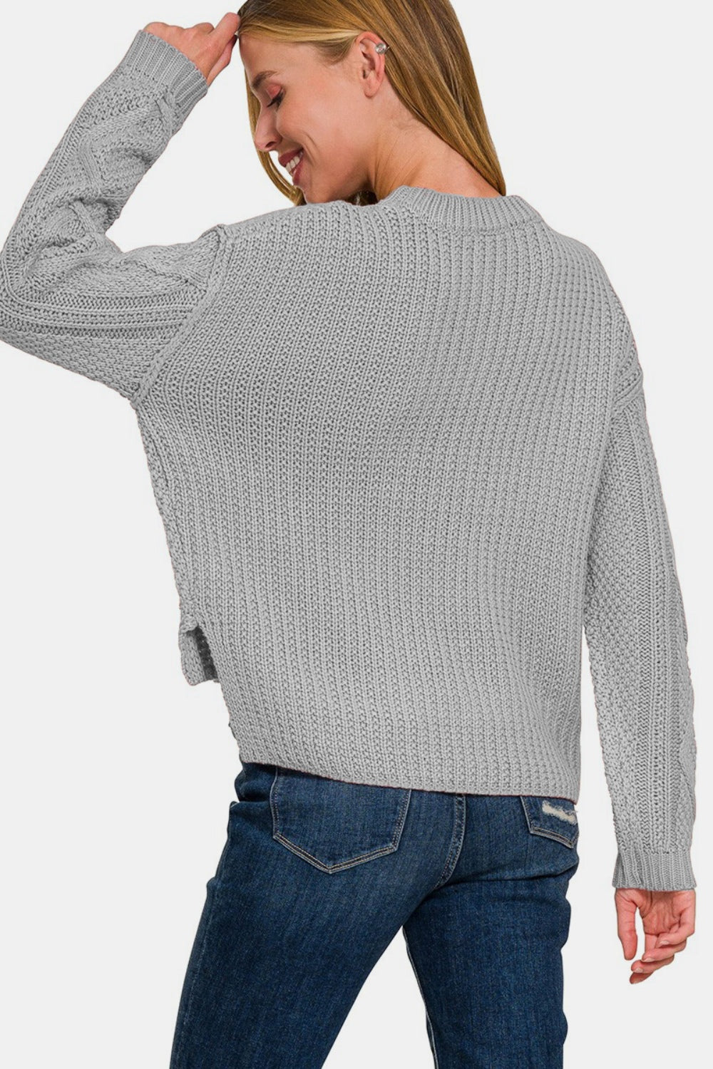 Zenana My Chilliest Adventure Cropped High Low Cable Sweater with Side Slits in H Grey