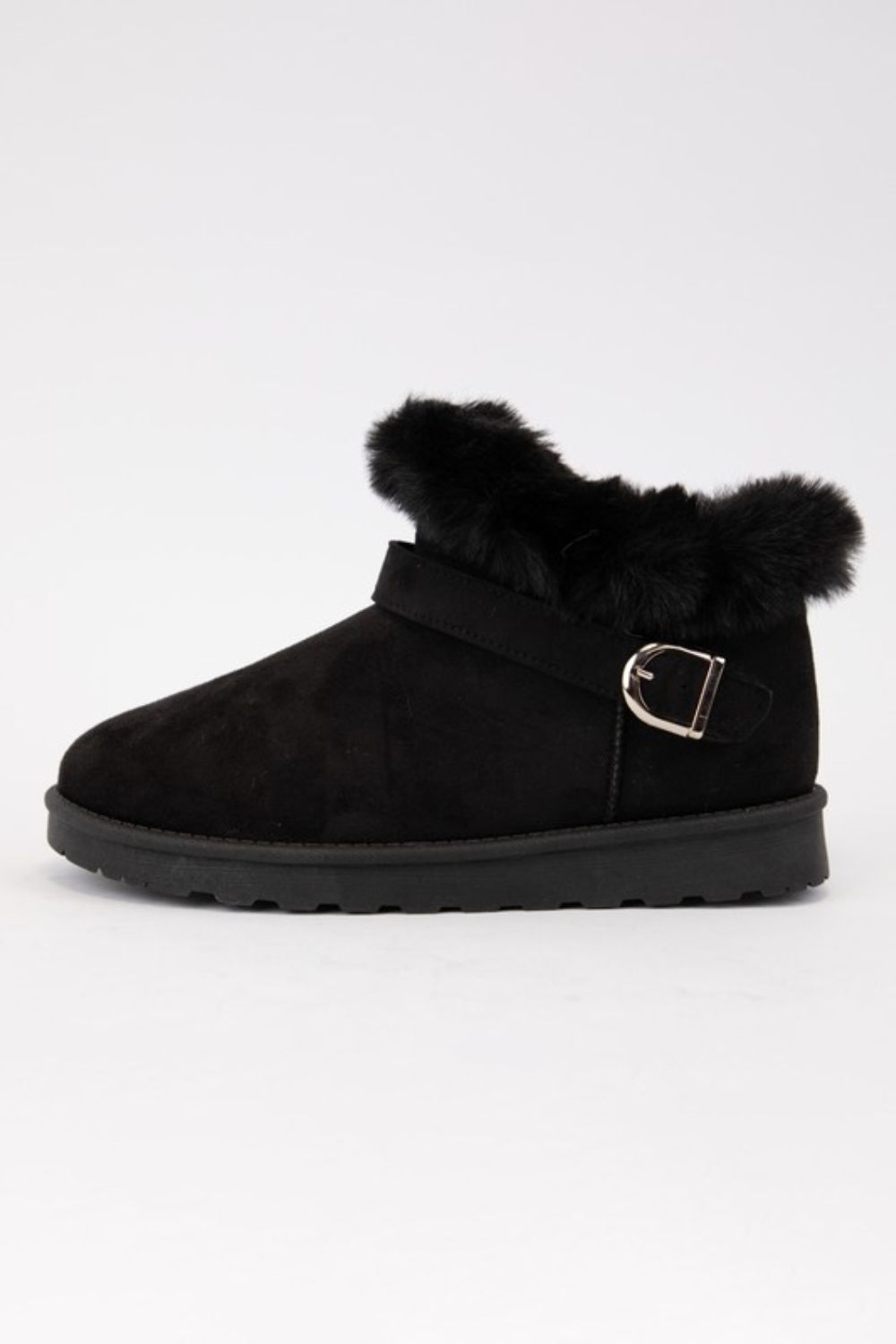 WILD DIVA Faux Fur and Fabulous Faux-Fur Buckle Round Toe Booties in Black