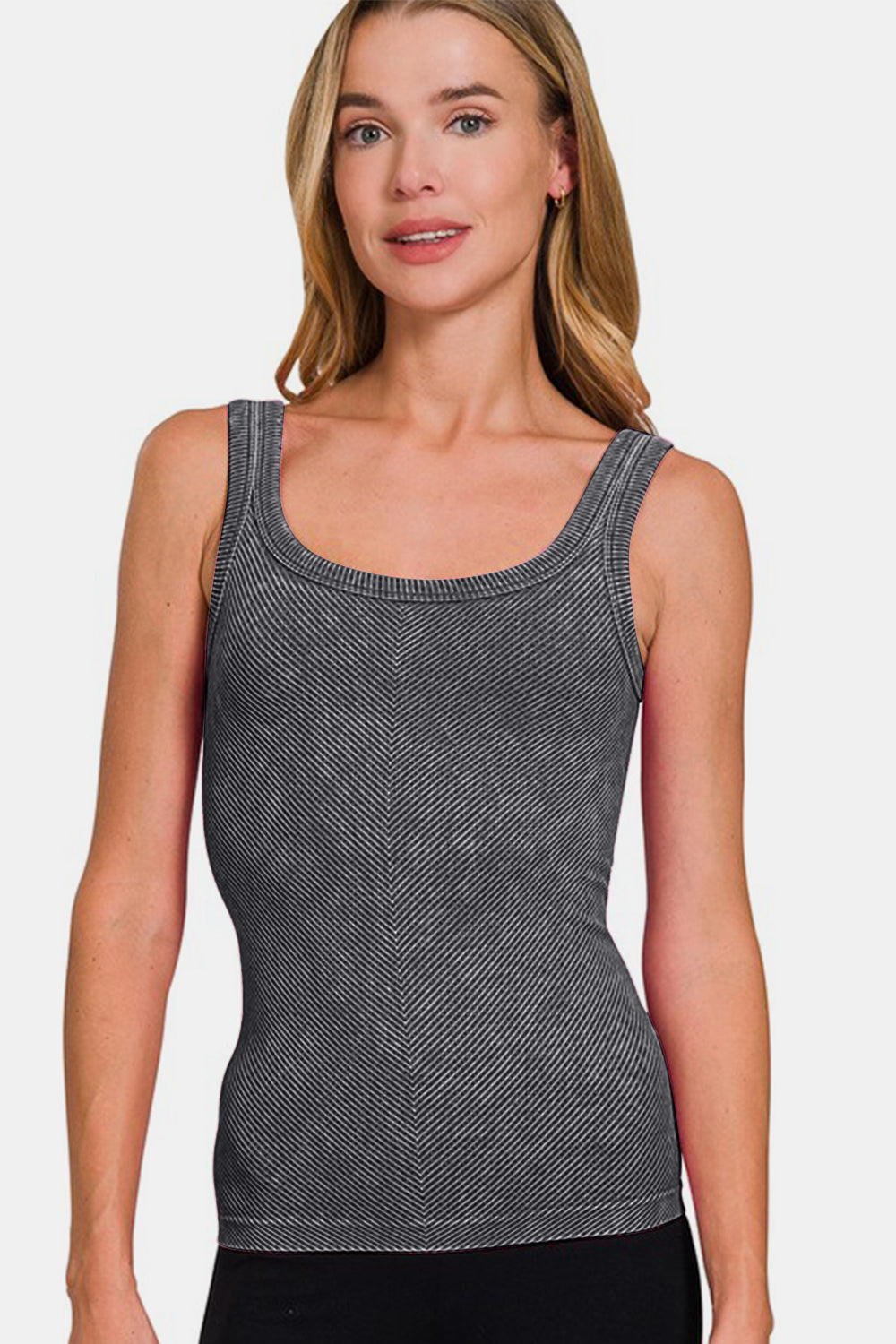Zenana Chance Of Sun Ribbed Scoop Neck Tank in Black