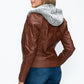 YMI Fuzzy Feels Faux Layered Double-Zipper Jacket with Fuzzy Hood in Brandy