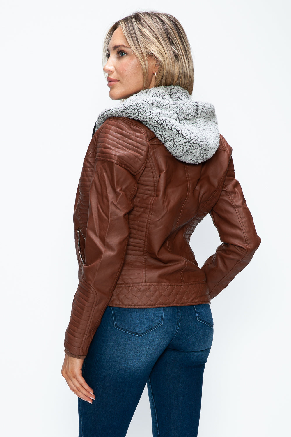 YMI Fuzzy Feels Faux Layered Double-Zipper Jacket with Fuzzy Hood in Brandy