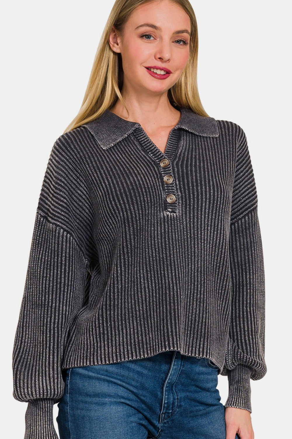 Zenana No Fade Washed Half Button Long Sleeve Sweater in Black