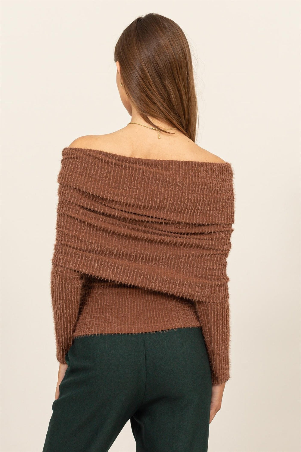 HYFVE Turn The Heat Up Fuzzy Off Shoulder Textured Knit Top in Brown