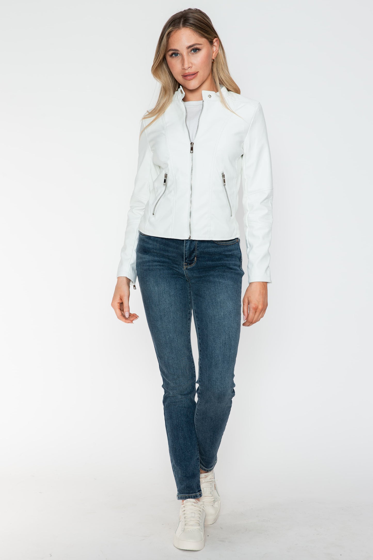 Snobbish Biker Babe PU Leather Zip Up Jacket with Pockets in White