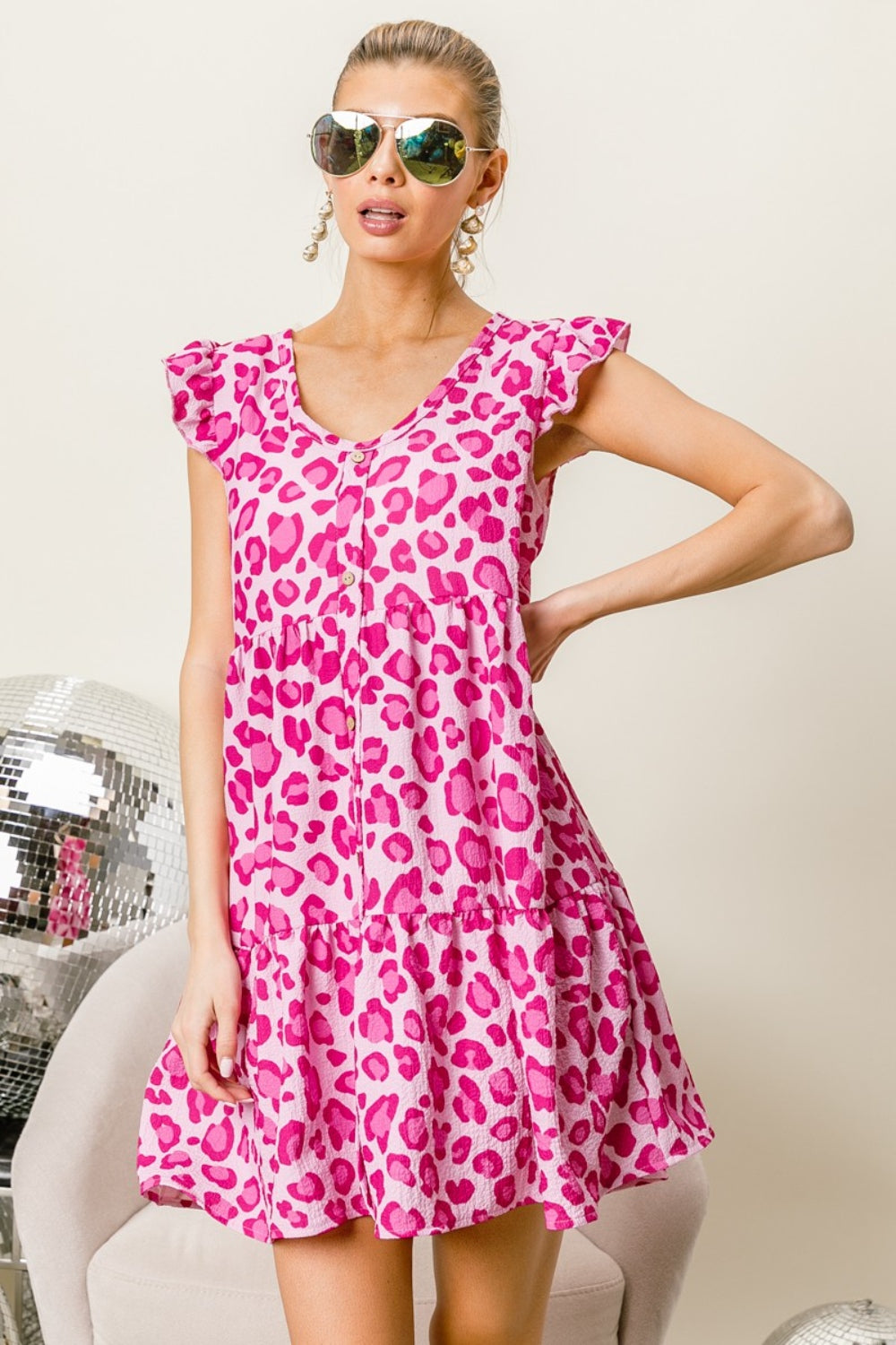 BiBi Pink Leopard Cap Sleeve Tiered Mini Dress