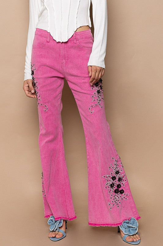 POL Flo Raw Hem Embroidered Flare Pants in Hot Pink