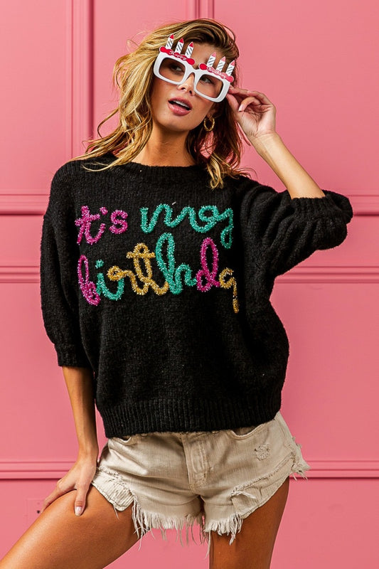 BiBi It's My World Metallic Letter Puff Sleeve Hairy Sweater