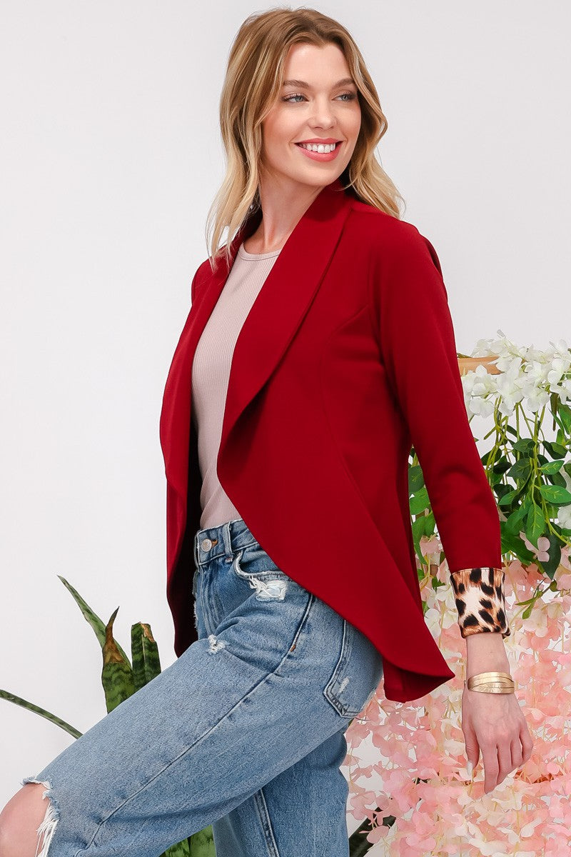Celeste Conquer Yourself Rolled Leopard Cuff Open Front Blazer in Burgundy
